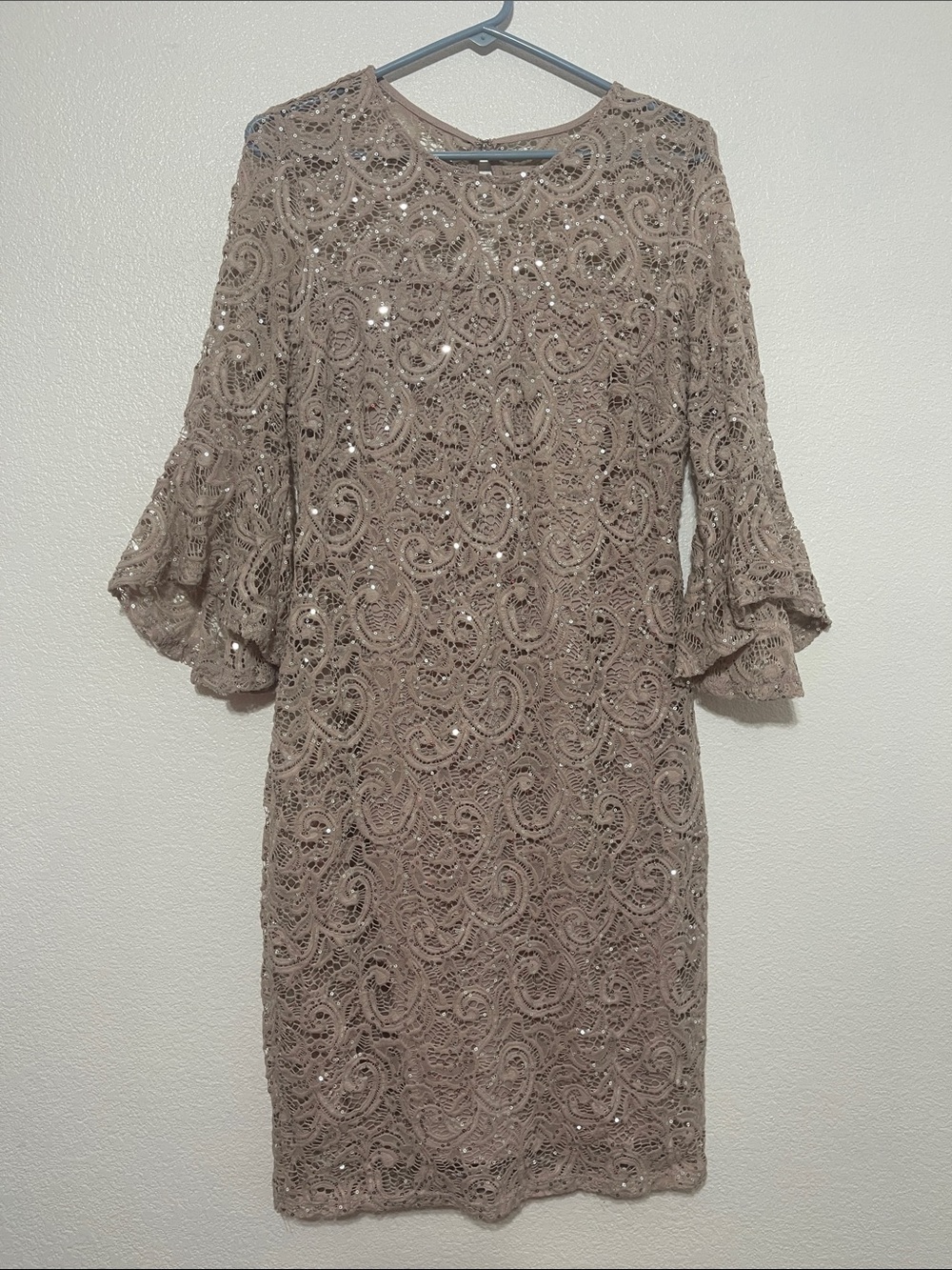 MARINA Taupe Lace Midi Dress with Sequin Accents